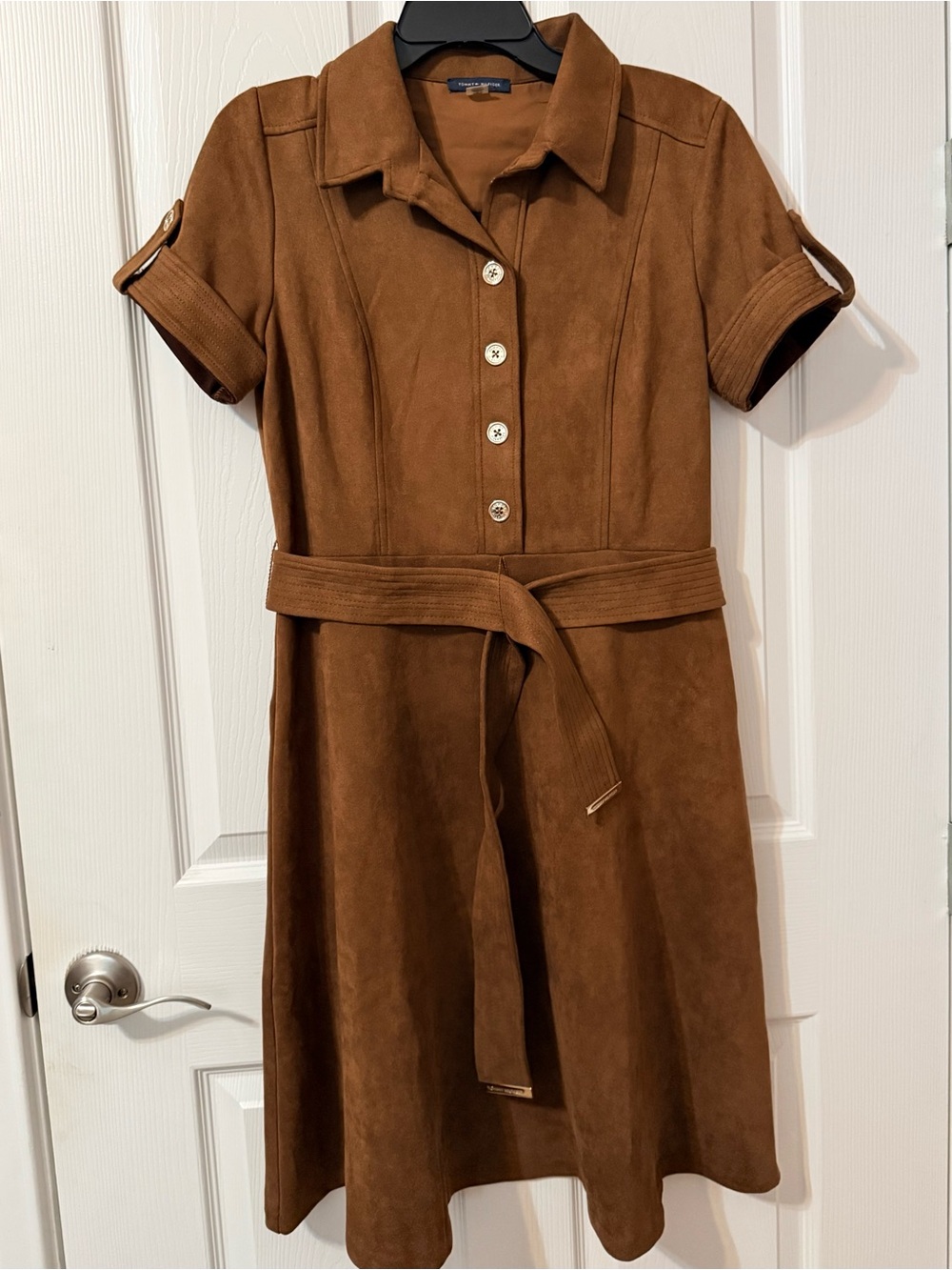 Tommy Hilfiger Chestnut Brown Suede Short Sleeve Belted Shirt Dress